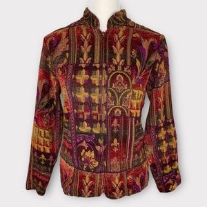 Coldwater Creek colorful tapestry jacket S full zip red purple jacquard blazer